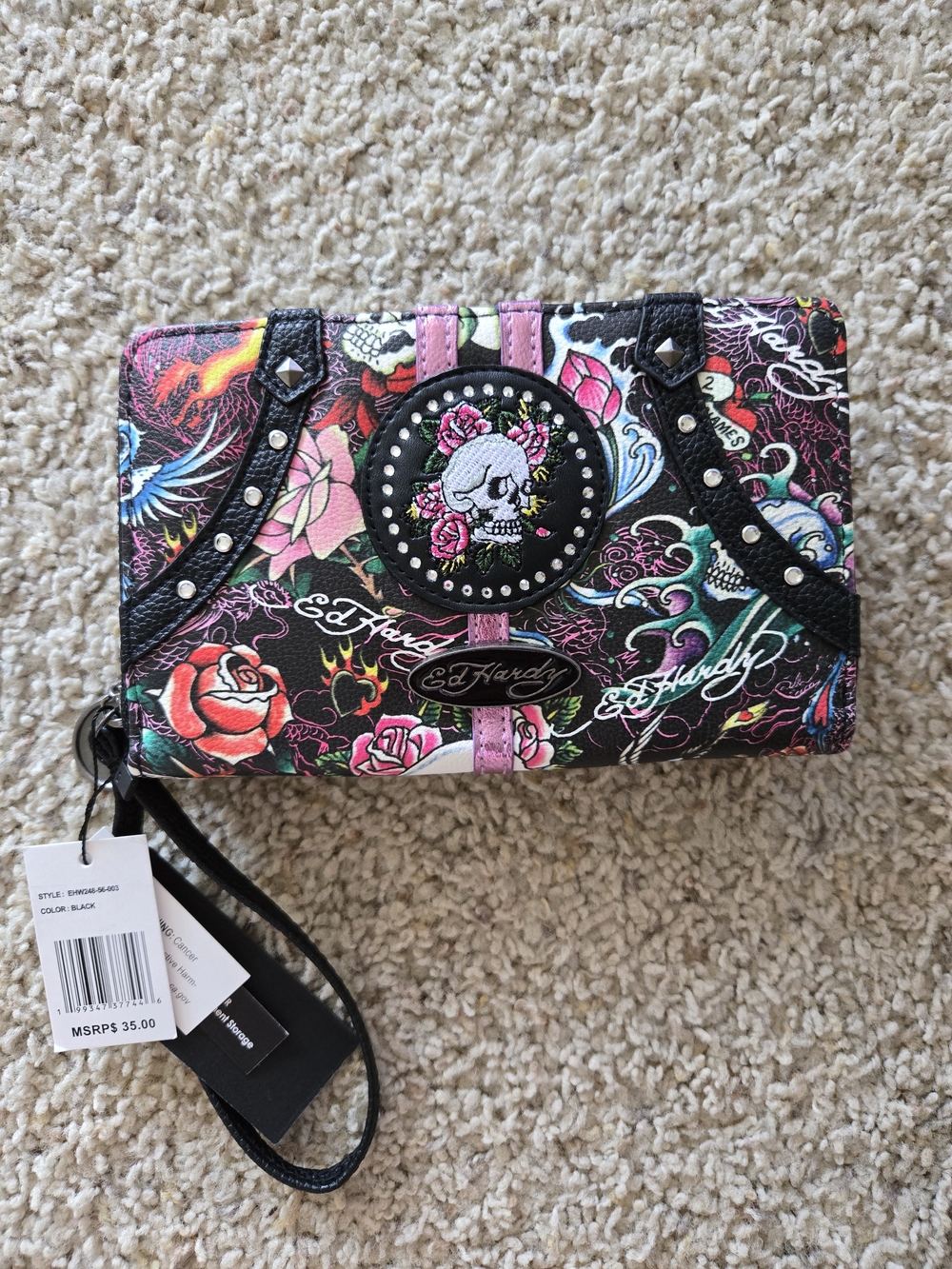 Ed Hardy Black Floral Skull Wristlet Wallet with Pink Accents
